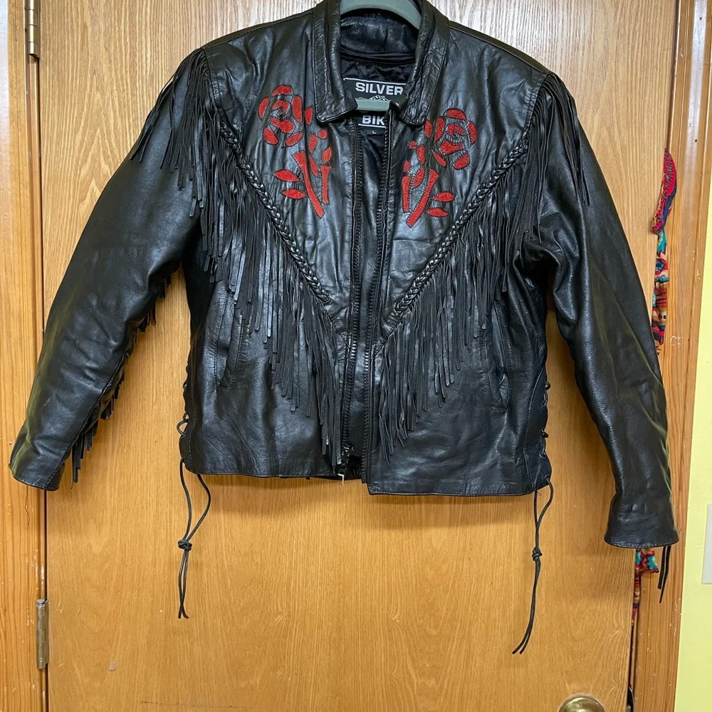 Vintage Leather Rose detail Fringe Bomber Moto Jacket Black Red Ladies Large - Picture 2 of 7